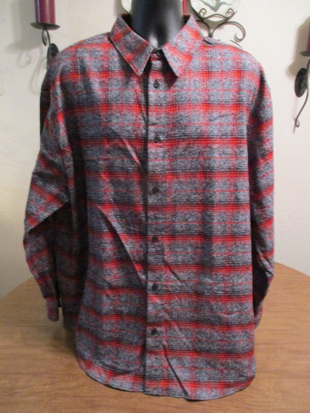 CALVIN KLEIN MENS RED GRAY FLANNEL PLAID LONG SLEEVE SHIRT L